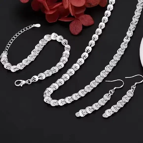 S925 Silver Teardrop Water Drop Necklace Bracelet Earrings Set BOHO Fashion Gift